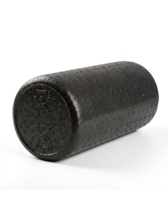 Foam roller nero con trama a griglia 3D in rilievo per massaggi muscolari.
