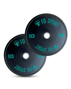 Due dischi bumper neri da 10 kg con foro centrale olimpico.