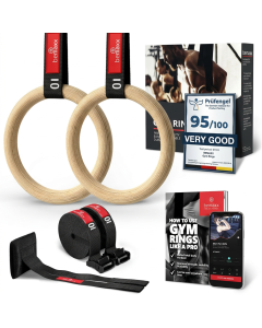 Coppia di anelli da ginnastica in legno con cinghie in nylon nere.