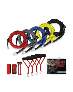 Set di cinque elastici colorati con maniglie e borsa di trasporto nera.